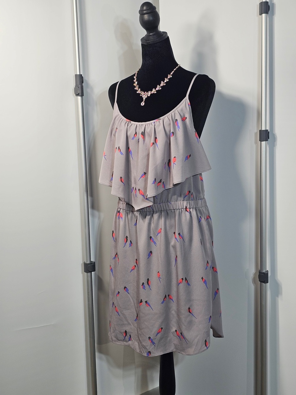 #199 American Eagle Outfitters Gray Bird Print Ruffle Mini Dress Size L